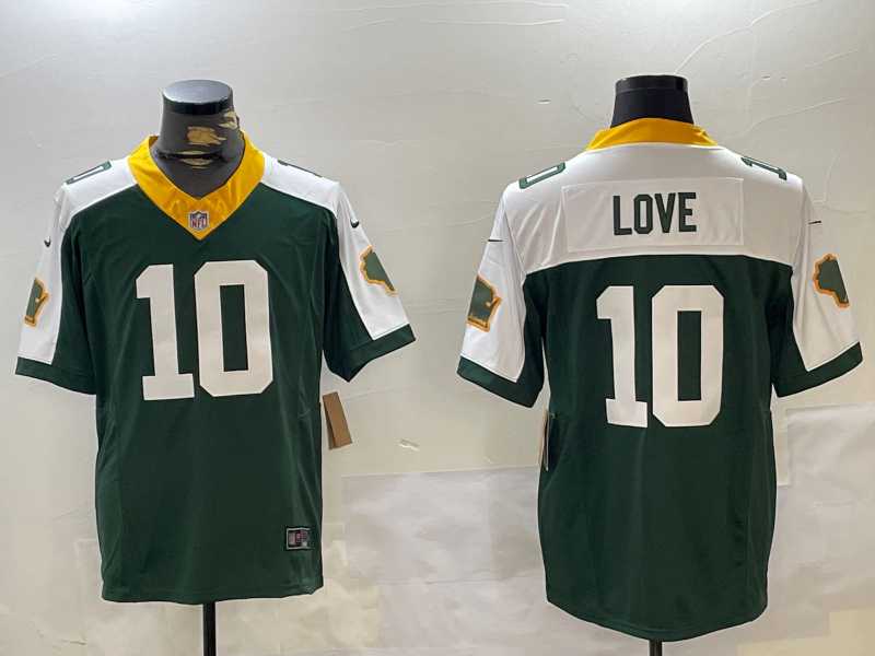 Men%27s Green Bay Packers #10 Jordan Love Green White 2023 FUSE Home Patch Vapor Limited Stitched Jersey